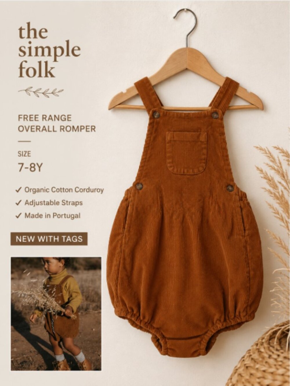 The Simple Folk Free Range Overall Romper Rust Organic Cotton Corduroy 7-8Y NWT